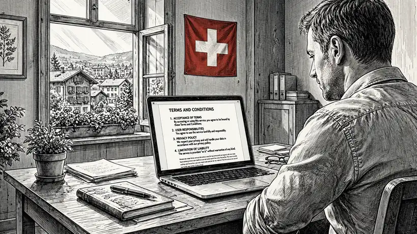 Büro in der Schweiz mit Laptop und AGB-Seite