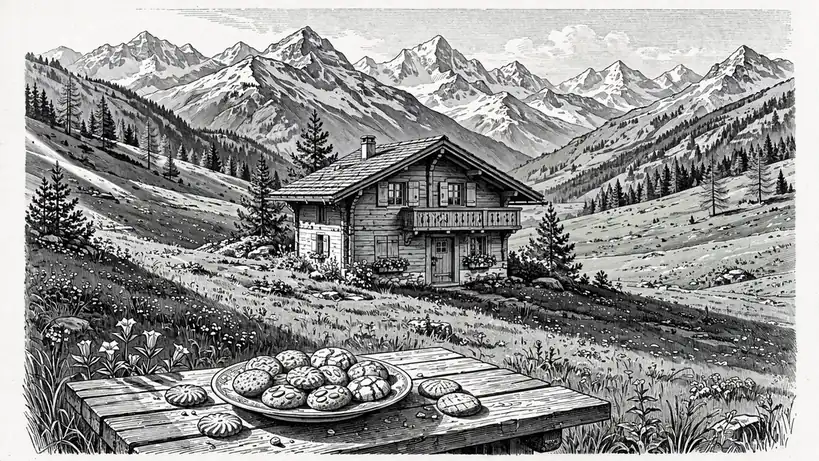 Schweizer Alpines Chalet mit Keksplatte im warmen Nachmittagslicht