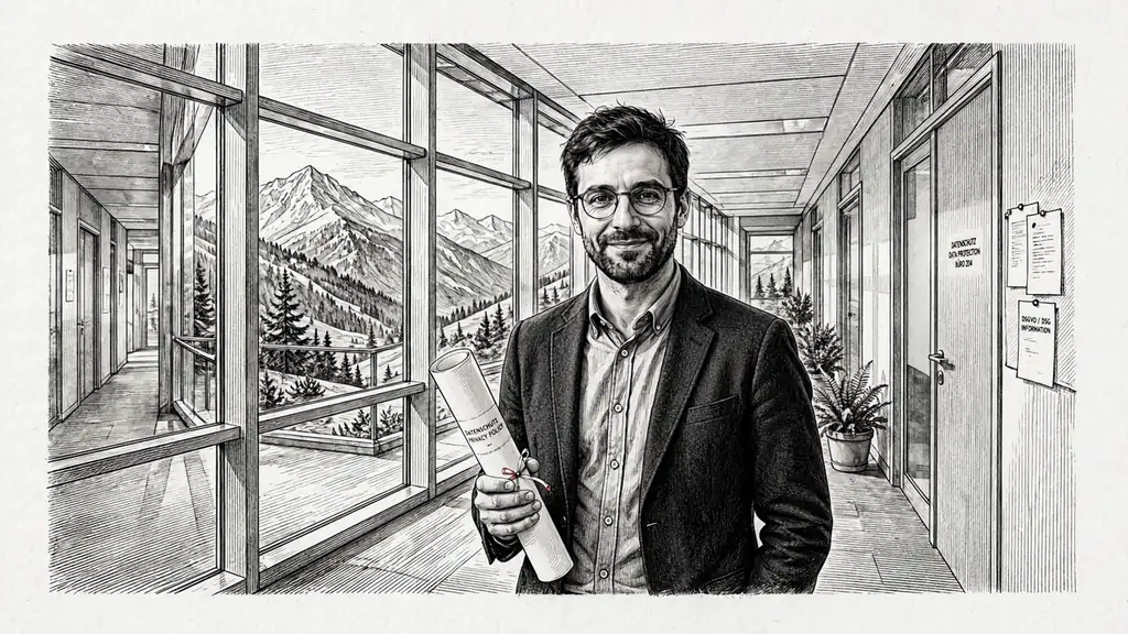 Datenschutzbeauftragter in modernem Büro mit Alpenblick