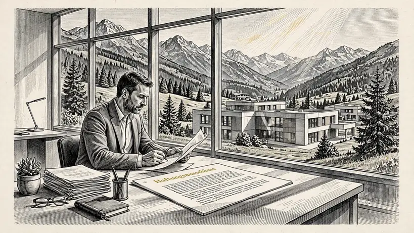 Schweizer Alpen mit modernem Büro, Anwalt prüft Haftungsausschluss-Dokument bei Tageslicht