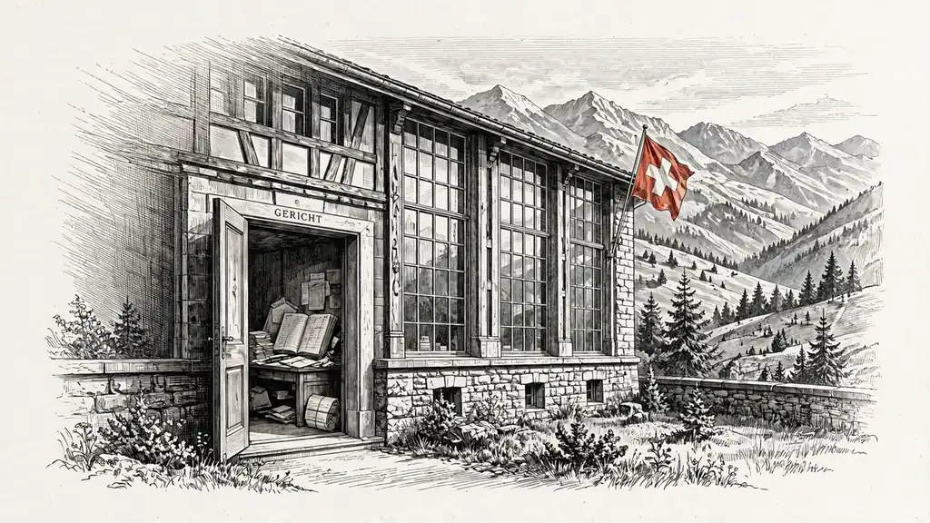 Schweizer Gerichtsgebäude mit Bergen im Hintergrund und Flagge