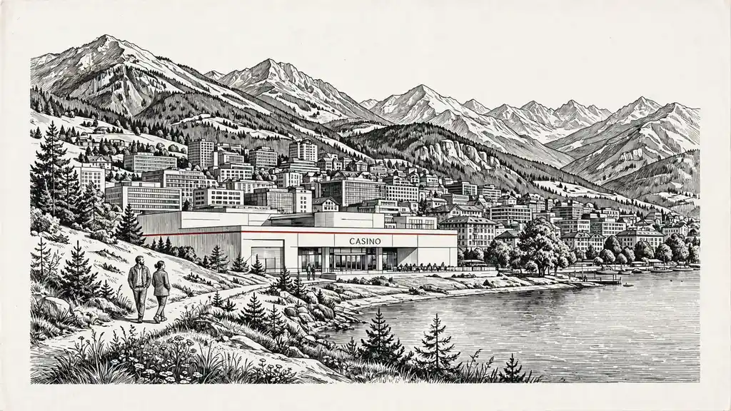 Alpine Landschaft mit moderner Casino‑Fassade und Schweizer Flagge im Tageslicht