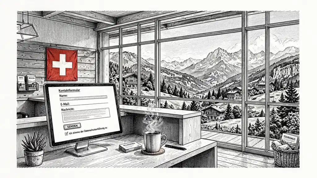 Freundlicher Empfangsbereich mit Schreibtisch, Computer, Kaffeetasse und Schweizer Flagge im Hintergrund.
