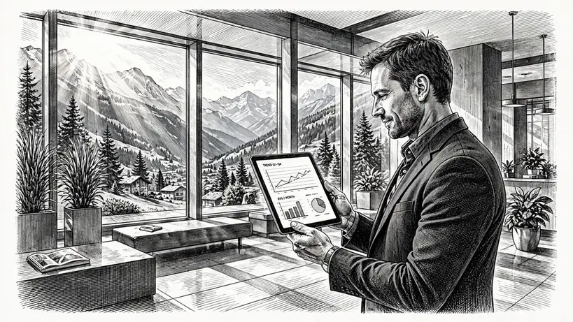 Vertrauenswürdiger Analyst im Schweizer Büro mit Alpenblick im Hintergrund