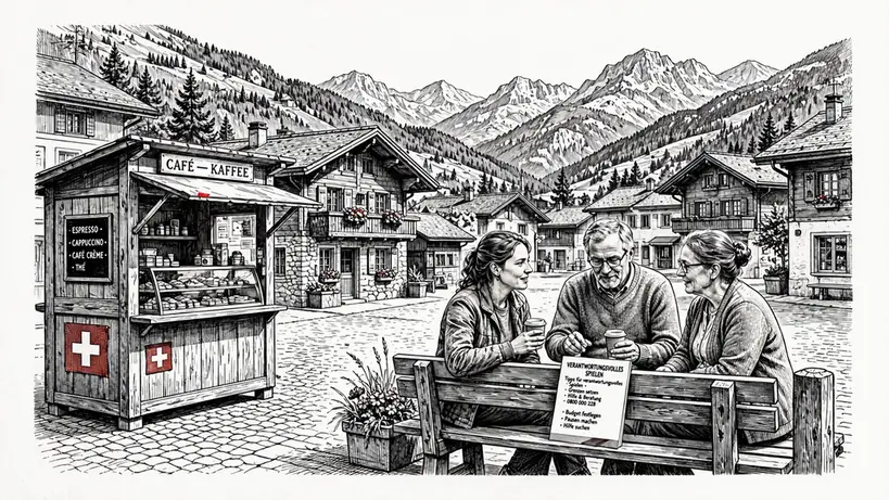 Alpines Dorfplatz mit Menschen, die Broschüren zur verantwortungsbewussten Spielsucht lesen.
